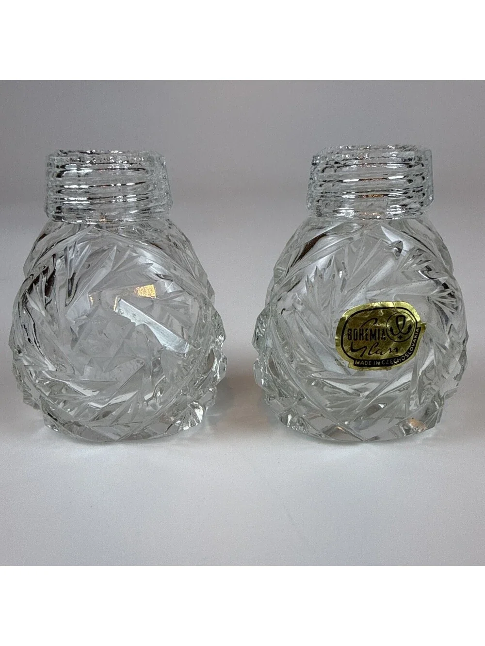 Vintage Bohemia Crystal Salt Pepper Shakers Complete Glass Lids Czechoslovakia